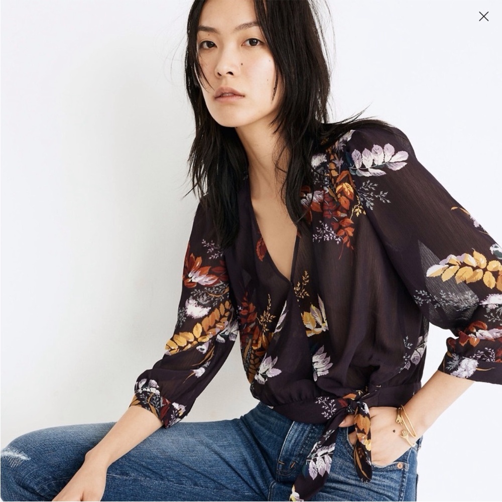 Madewell Wrap Top purple floral pattern